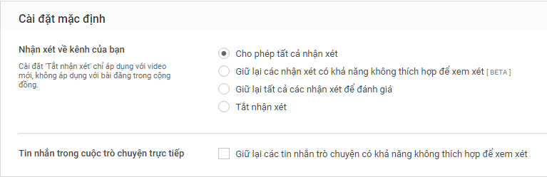 Bạn có thể cho phép tất cả các nhận xét khi gửi hoặc chọn giữ chúng để xem xét tùy thuộc vào tùy chọn kiểm duyệt YouTube của bạn.