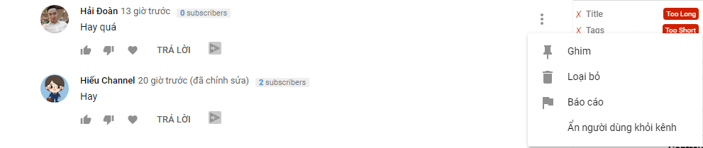 Bạn có thể kiểm duyệt các nhận xét YouTube cá nhân trực tiếp từ nhận xét về chính video đó.