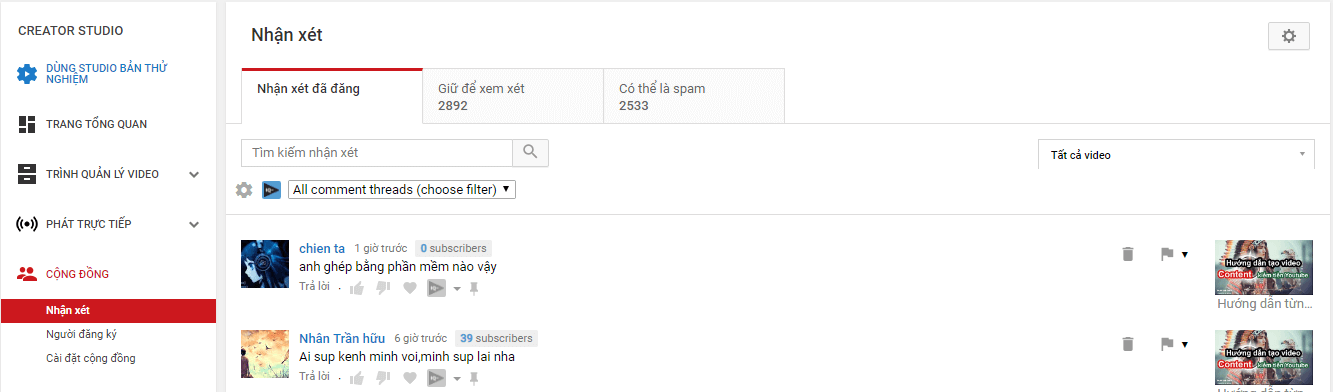 Phần Cộng đồng trong YouTube Creator Studio hợp nhất các nhận xét từ tất cả các video của bạn để dễ dàng xem xét và theo dõi.