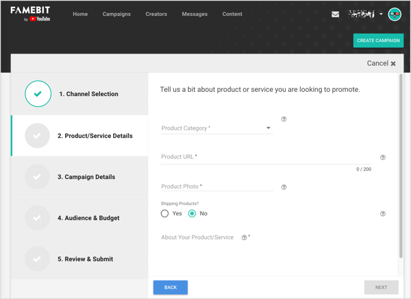 Trên Famebit điền thông tin chi tiết cho sản phẩm hoặc dịch vụ bạn muốn quảng cáo với người có ảnh hưởng YouTube.