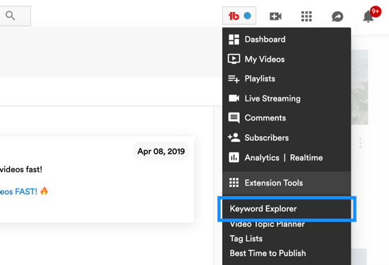 Cách sử dụng chuỗi video để phát triển kênh YouTube của bạn, tùy chọn menu cho công cụ khám phá từ khóa của TubeBuddy